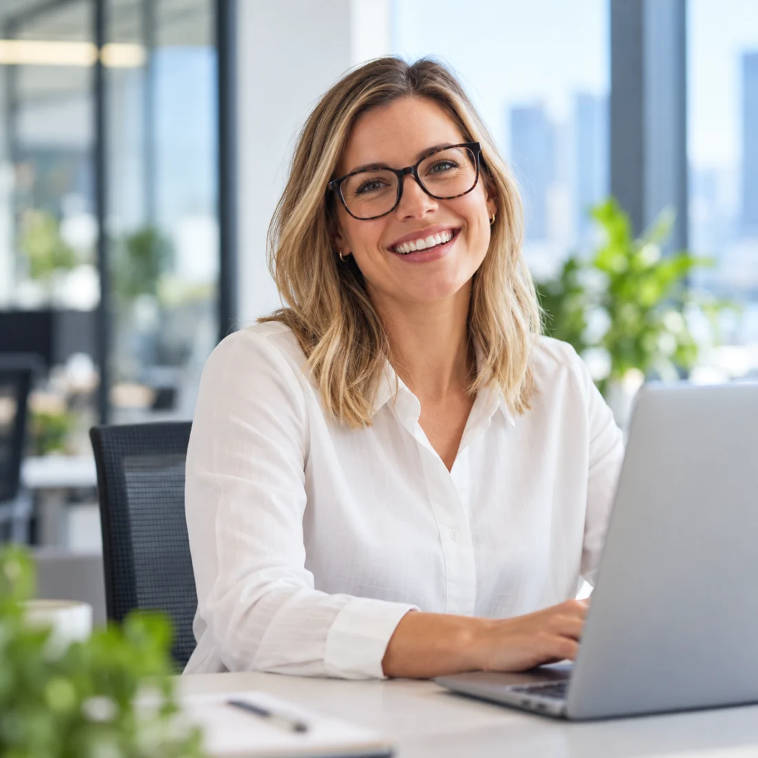 Smiling office professional at her laptop in a bright modern office.